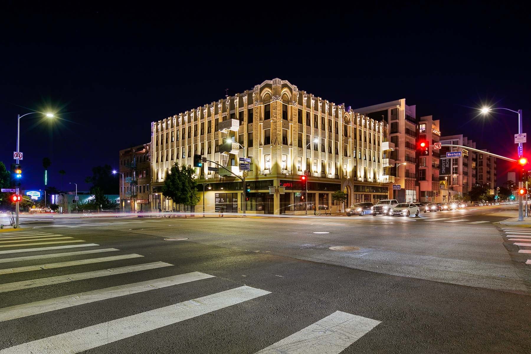 The historic Louis B. Mayer Building at Hollywood and Western at night